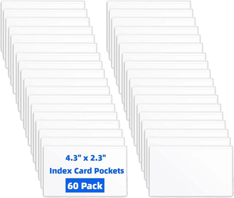 Hibmisy 60 Pack Label Pockets, Clear Self-Adhesive Plastic Index Card Holders with Top Open,Square Label Sleeves for Organizing Storage Bins (60, 4.3 x 2.3 inches) - Image 1